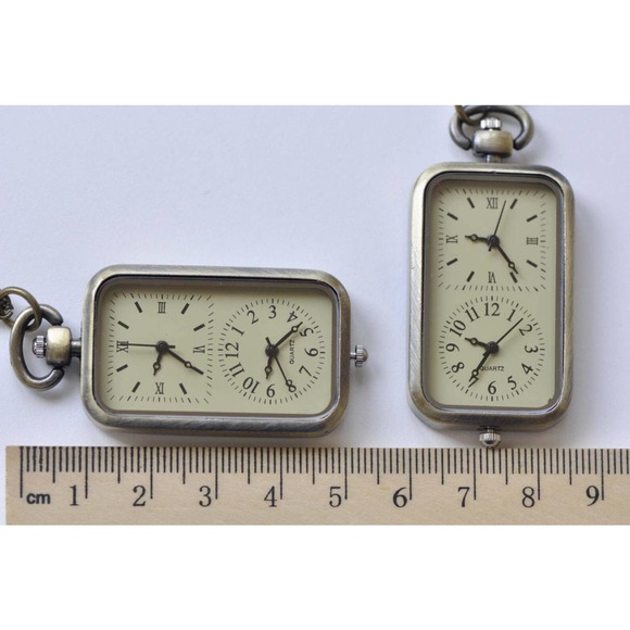 Dual Time Zone NEW Pocket Watch Pendant Vintage Bronze Rectangle Timepiece - Picture 5 of 5